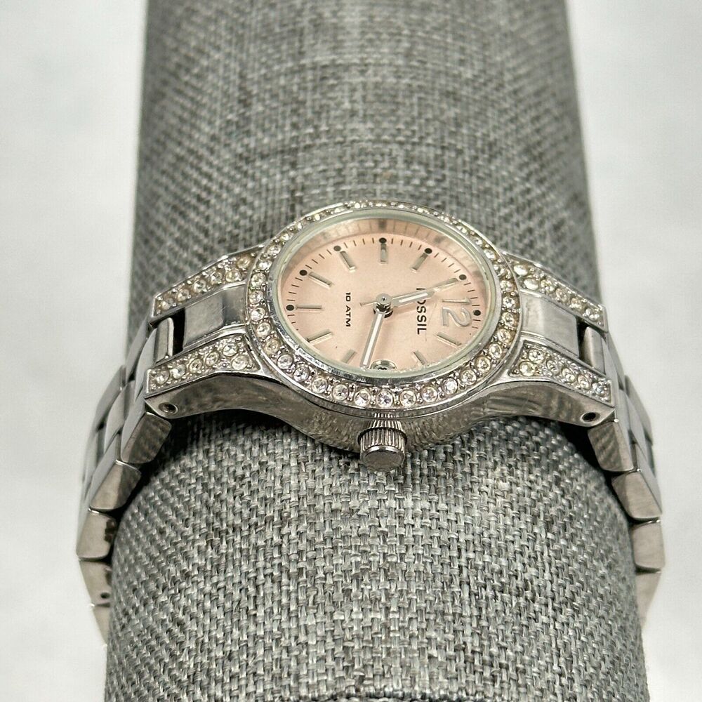 Fossil Watch Womens 25mm Pave Bezel Date Silver Tone 6" Quartz New Battery - Picture 3 of 12